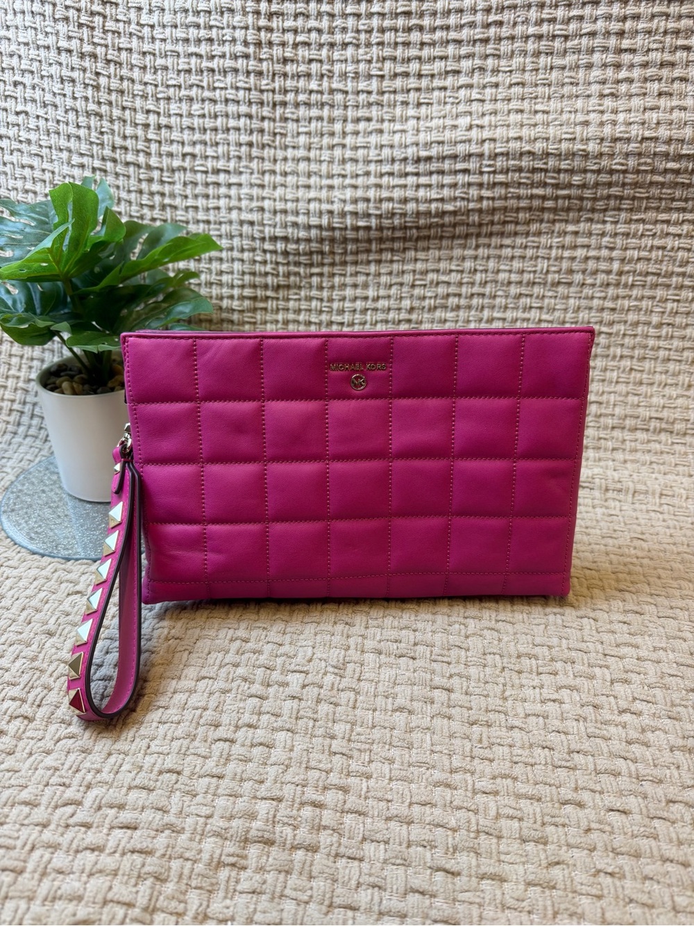 Michael Kors Quilted Hot Pink Leather Wristlet Clutch